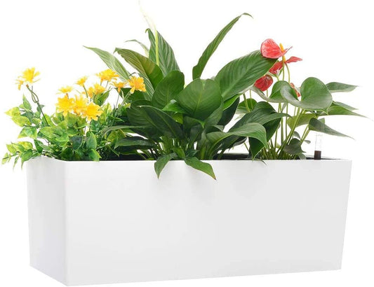 GardenBasix 7.5''x20'' White Self Watering Rectangle Planter Pots with 10 Quarts Coco Soil, Indoor Outdoor, Easy to Observe Water Level, Stylish and Simple