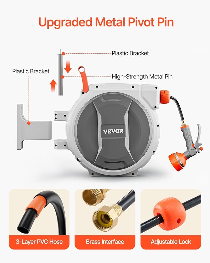 VEVOR Retractable Garden Hose Reel, 1/2 Inch x 84 ft Wall Mounted Heavy Duty Garden Hose Reel with 9 Patterns Nozzle, Any Length Lock, Upgraded Slow Return System and 180°Swivel Bracket