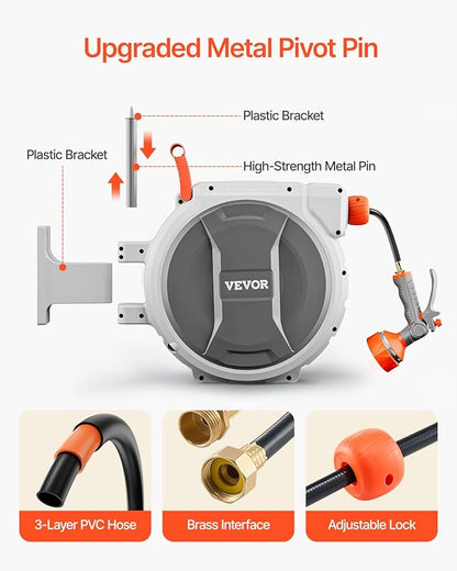 VEVOR Retractable Garden Hose Reel, 1/2 Inch x 84 ft Wall Mounted Heavy Duty Garden Hose Reel with 9 Patterns Nozzle, Any Length Lock, Upgraded Slow Return System and 180°Swivel Bracket