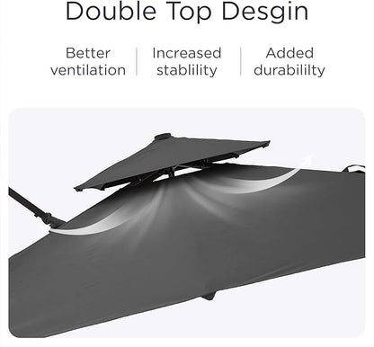 9' X 12' Cantilever Patio Umbrella with Base Included 360°Rotation Rectangular Outdoor Large Offset Umbrellas Double Top Heavy Duty Windproof for Garden Deck Pool, Grey