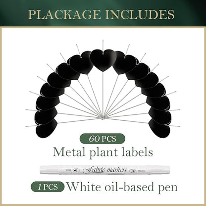 60-Pack Iron Metal Heart Shaped Garden Markers Weatherproof Metal Plant Labels Large Planting Seedling Stake Signs, for Seedlings Herbs Vegetable Greenhouse Gifts with White Marker Pen Labels