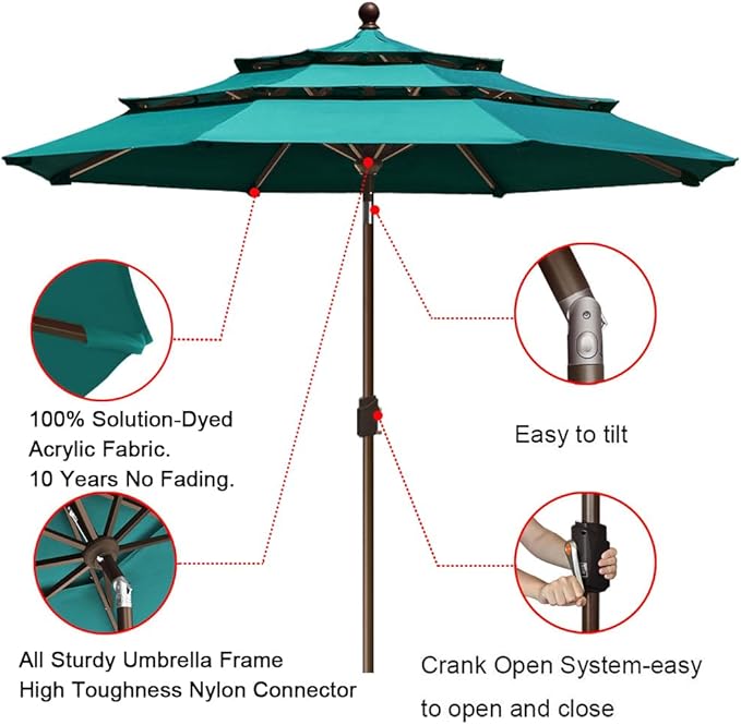 EliteShade USA 10-Year-Non-Fading 9Ft 3 Tiers Market Umbrella Patio Umbrella Outdoor Table Umbrella with Ventilation, Teal