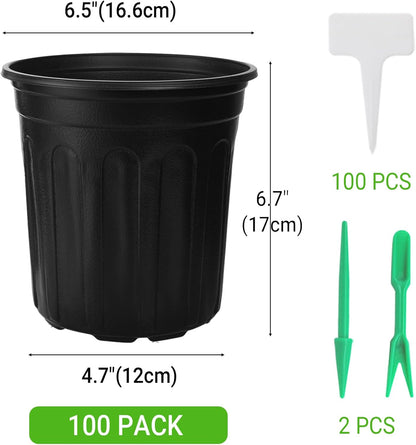100 Pack 1 Gallon Flexible Plant Nursery Pots, Thickened Soft Plastic Plant Pots with 100Pcs Waterproof Plastic T-Type Plant Tags and 2Pcs/Set Transplanting Digging Mini Tools(Black)
