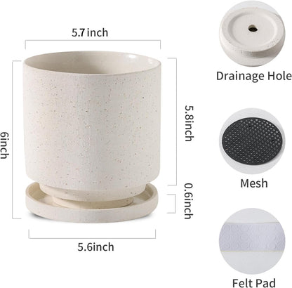 Nihow 5.7 Inch Plant Pot, Ceramic Pots for Plants with Drainage Hole and Saucer, Plant Pots Indoor for Home Garden Patio Office, Cylinder Planters for Indoor Plants, White