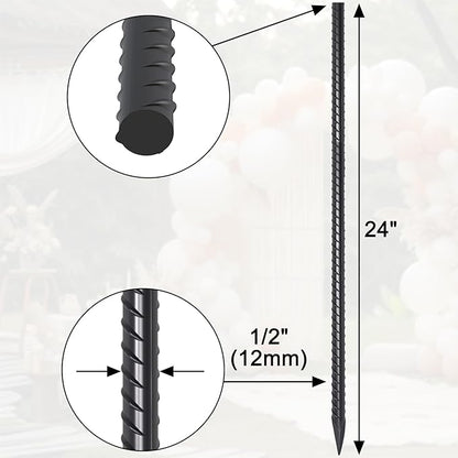 24 Pack Straight Rebar Stakes 24 Inch Metal Stakes for Ground Heavy Duty with Chisel Point End 1/2 Inch Diameter Landscape Timber Spikes for Plant Support, Concrete Form and Fence, Black