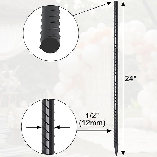 24 Inch Straight Rebar Stakes 16 Pack 1/2 Inch Diameter Metal Stakes for Garden with Chisel Point End Heavy Duty Steel Ground Anchors for Concrete Form, Landscape Timber, Plant Support, Black