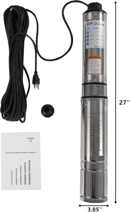 Deep Well Submersible Pump 110V 370W Electric Solar Powered Water Pump, 16 GPM Flow, 157ft Lift, Farm Ranch Irrigation Submersible Bore Hole Deep Well Pump 3420 RPM