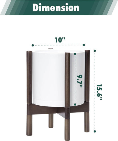 D'vine Dev Planter Pot with Stand - 10 Inch Plastic Cylinder Flower Pot with Wood Planter Holder for Indoor, Matte White Pot + Walnut Color Stand, 55-C-L-1