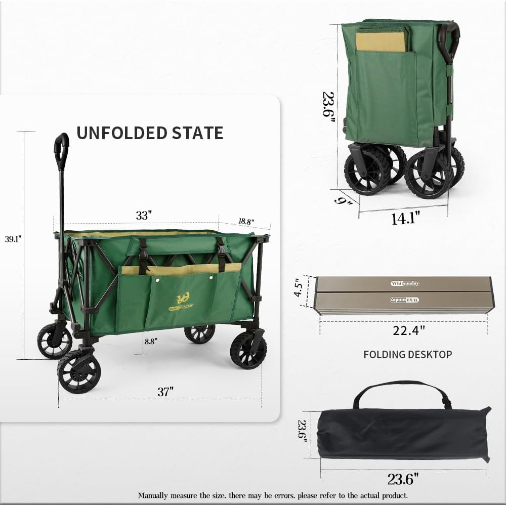 Whitsunday Folding Collapsible Utility Wagon, 400Lbs Heavy Duty Outdoor Park Beach Wagon with Table and Side Pocket for Garden Camping Sports Shopping Green