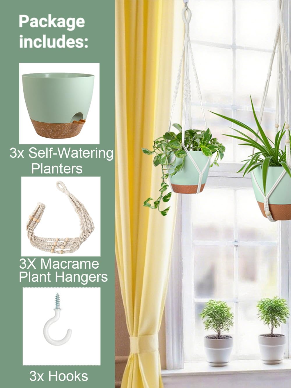 Larege Hanging Planters with Macrame Plant Hangers for Indoor Outdoor Plants 3 Set 10" / 8" / 7" Self Watering Pots Hanging Baskets Flower Pot Holders 3 Different Size Green Large