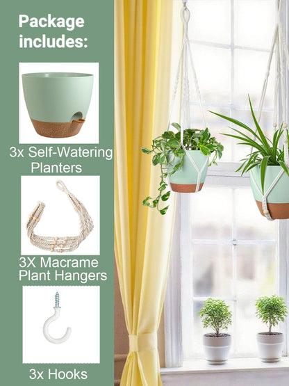 Self Watering Hanging Planters for Indoor Plants 3 Pack Macrame Plant Hangers with Drainage Holes Pots and Hooks for Home Garden Decor Green