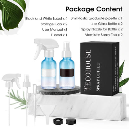 Tecohouse Glass Spray Bottles 4 oz, 2 Pack Spray Bottles for Hair Empty Refillable Fine Mist Sprayer with Labels, Funnel, Pipettes Blue