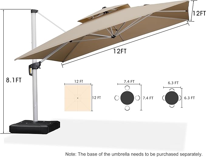 PURPLE LEAF 12 Feet Double Top Deluxe Square Patio Umbrella Offset Hanging Umbrella Cantilever Outdoor Market Umbrella Garden, Beige
