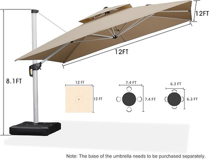 PURPLE LEAF 12 Feet Double Top Deluxe Square Patio Umbrella Offset Hanging Umbrella Cantilever Outdoor Market Umbrella Garden, Beige