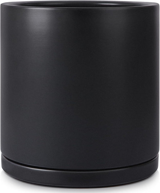 Kazeila Plant Pots Ceramic Planter for Indoor Outdoor Plants Flowers 10 Inch Matte Black Large Cylinder Flower Pot with Saucer and Drainage Hole,Glazed Finish Interior and Exterior