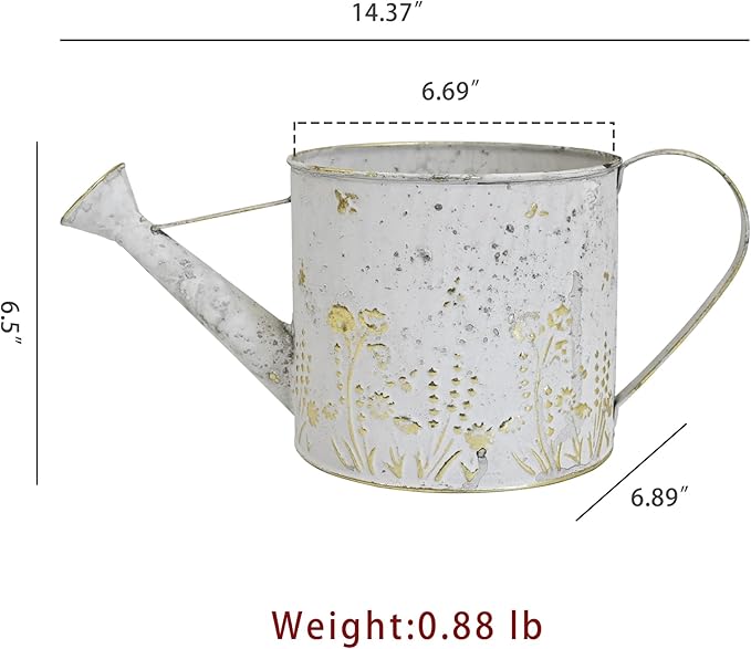 Vintage Metal Watering Can Planter with Embossed Floral - Distressed White Decorative Watering Pot for Indoor/Outdoor Flowers, Succulents & Herbs, Rustic Home Decor Accent