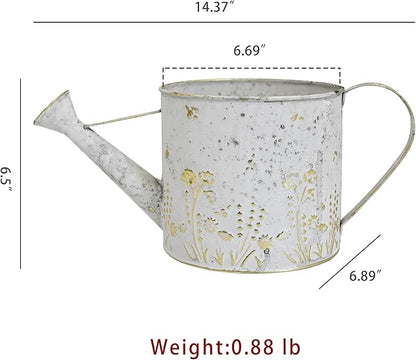 Vintage Metal Watering Can Planter with Embossed Floral - Distressed White Decorative Watering Pot for Indoor/Outdoor Flowers, Succulents & Herbs, Rustic Home Decor Accent