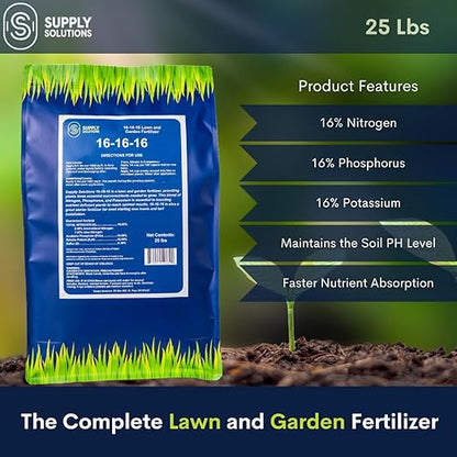 Supply Solutions 16-16-16 Complete Lawn & Garden All Purpose Granular Fertilizer - The Ultimate Plant Food for Lush Greenery & Vibrant Blooms - for All Plants, Vegetables, Fruits, and Berries - 25lbs