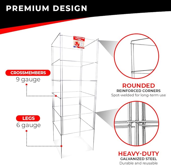 Cedar Ridge Square Foldable Tomato Cages - Made in USA Heavy Duty Plant Support for Vegetable Garden, Vegetables, and Flowers - Stakes and Trellis for Climbing Plants (13x56) 3-Pack