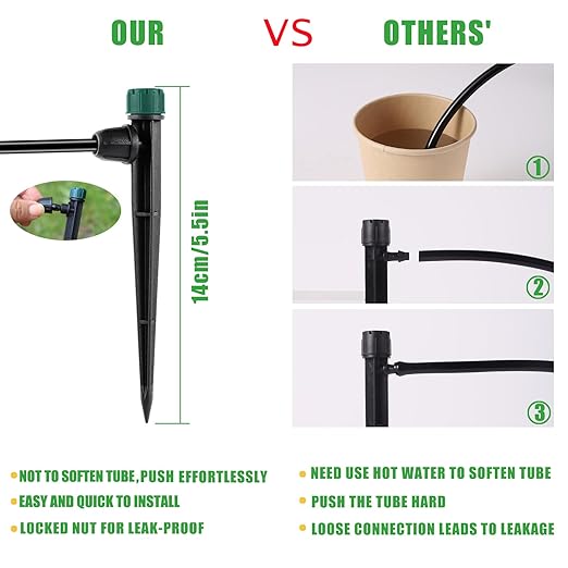 Drip Irrigation Emitters for 1/4" Drip Tubing,Adjustable 360 Degree Automatic Irrigation Drippers on 5.5" Arrow Stake,with1/4 Locked Tee for Watering System(10Pcs Drippers and 10Pcs Tee)