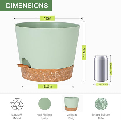 12inch Large Self Watering Plant Pot, Plastic Cylinder Planter with 60Oz Deep Reservoir and Saucer for Indoor Outdoor Plants Flowers Houseplants, Green with Brown