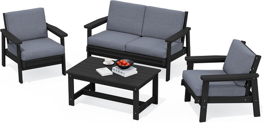 SERWALL 4 Piece HDPE Outdoor Furniture Set, All Weather Wood-Like Outdoor Sofa Sectional Couch, Black Patio Furniture Set with Grey Cushions