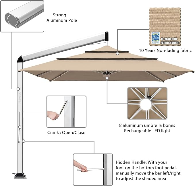 EliteShade USA Atlas 3-Tier 10x10FT Full Aluminum Cantilever Patio Umbrella for Outdoor restaurant Garden Courtyard Deck Pool and Marketing with Light(No battery),Heather Beige