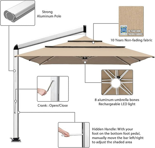 EliteShade USA Atlas 3-Tier 10x10FT Full Aluminum Cantilever Patio Umbrella for Outdoor restaurant Garden Courtyard Deck Pool and Marketing with Light(No battery),Heather Beige