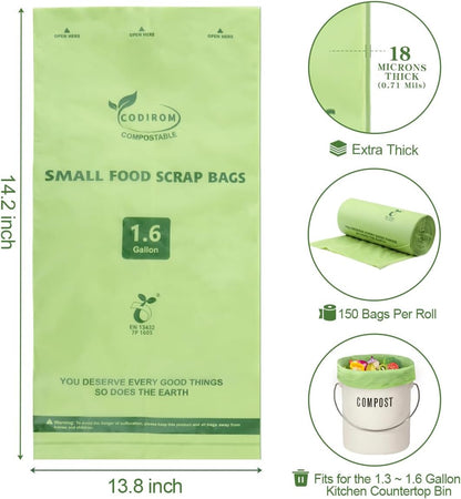 100% Compostable 1.6 Gallon Trash Bags, 6 Liter, 150 Count Kitchen Food Scrap Small Compost Bags for Countertop Bin with Europe EN13432 Certified