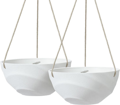 La Jolie Maison 10 Inch Hanging Planters for Indoor Plants, Outdoor Garden Planter Pots with Self-Watering Tray, Eggshell White, Set of 2