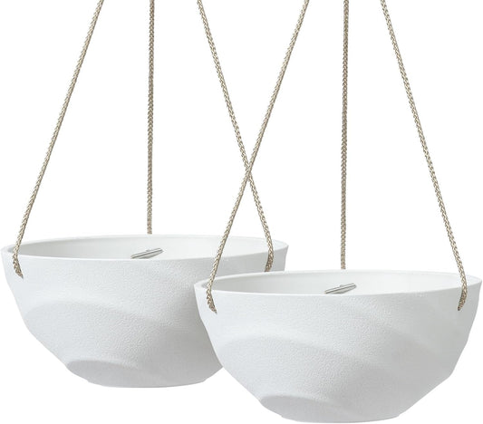 La Jolie Maison 10 Inch Hanging Planters for Indoor Plants, Outdoor Garden Planter Pots with Self-Watering Tray, Eggshell White, Set of 2