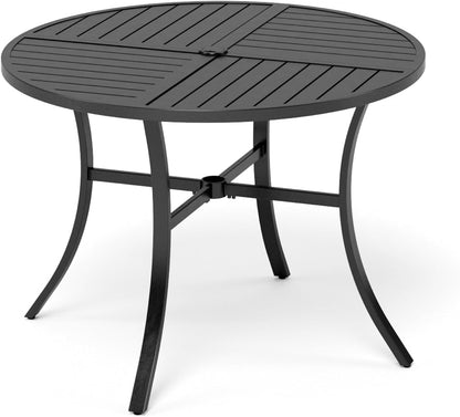 Outdoor Patio Round Dining Table, 42"x 42" Metal Slatted Round Tabletop with Adjustable Umbrella Hole for Deck Lawn Garden Backyard, Black
