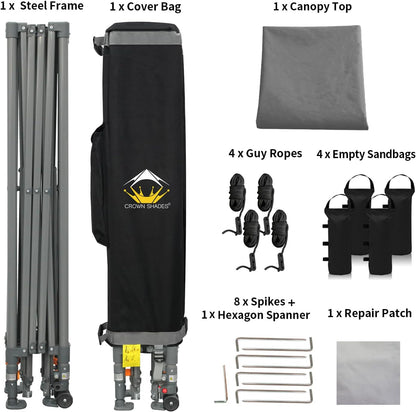 CROWN SHADES Adjustable Height on The Fly, 10x10 Pop Up Canopy - Beach Tent with One Push Setup - Easy Outdoor Sun Shade for Events, Parties, Camping - Outside Shade with STO-N-Go Bag, Grey