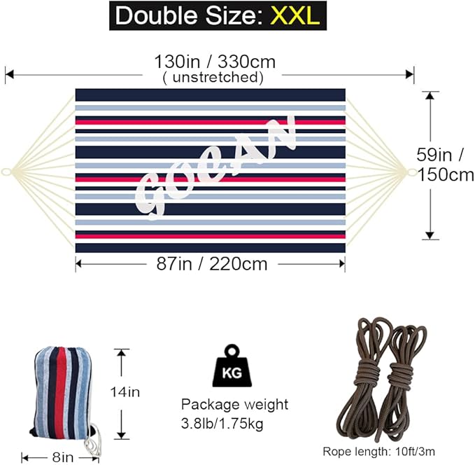 Brazilian Double Hammock 2 Person Extra Large 220x160cm Total Length 330cm Load 500lb Canvas Cotton Hammock for Patio Porch Garden Backyard Lounging Outdoor and Indoor(Dark Blue)