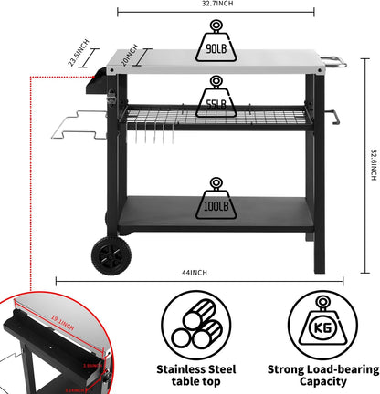 Dining Cart Table with Three Shelf, Movable Outdoor BBQ Grill Table Pizza Oven Stand with Three Hooks, Kitchen Cart Island Multifunctional Food Prep Table for Inside and Outside (Sliver)