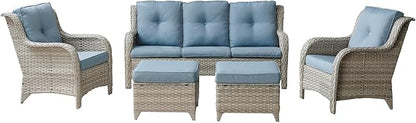 Rilyson Outdoor Patio Wicker Furniture Set - 5 Piece Rattan Patio Conversation Sectional Sofa Set with 1 Couch,2 Armchairs,2 Ottomans for Porch Deck Garden(Light Grey/Sky Blue)