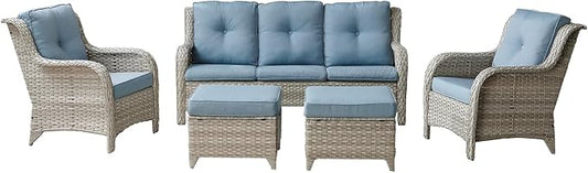 Rilyson Outdoor Patio Wicker Furniture Set - 5 Piece Rattan Patio Conversation Sectional Sofa Set with 1 Couch,2 Armchairs,2 Ottomans for Porch Deck Garden(Light Grey/Sky Blue)