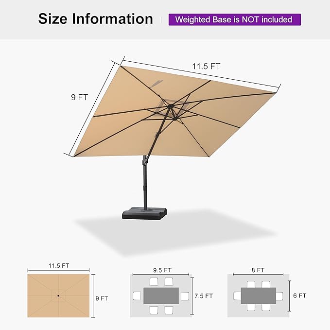 PURPLE LEAF 9' X 11.5' Patio Cantilever Umbrella Outdoor Rectangle Adjustable Offset Umbrellas with 360-degree Rotation and 8 Heavy Duty Metal Ribs for Garden Deck Pool Beige