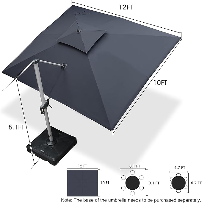 PURPLE LEAF 10' X 12' Patio Umbrella Outdoor Rectangle Umbrella Large Cantilever Umbrella Windproof Offset Heavy Duty Sun for Garden Deck Pool Patio, Grey
