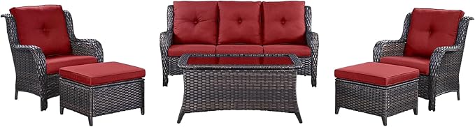 Rilyson Outdoor Patio Wicker Furniture Set - 6 Piece Rattan Patio Conversation Sectional Sofa Set with 1 Couch,2 Armchairs,2 Ottomans and 1 Glass Top Coffee Table for Porch Deck Garden(Brown/Red)
