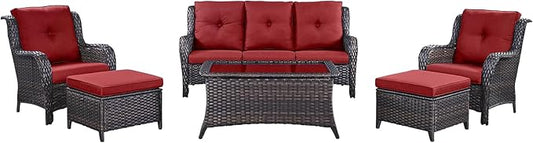Rilyson Outdoor Patio Wicker Furniture Set - 6 Piece Rattan Patio Conversation Sectional Sofa Set with 1 Couch,2 Armchairs,2 Ottomans and 1 Glass Top Coffee Table for Porch Deck Garden(Brown/Red)