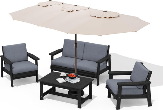 SERWALL HDPE Patio Furniture Set with 15FT Double Side Patio Umbrella, All Weather Wood-Like Outdoor Sofa Sectional Couch, Black Patio Furniture with Grey Cushions