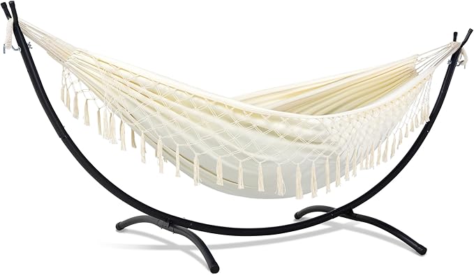 SUNCREAT Portable Outdoor Hammock with Stand Included, Double Hammock with Tassel for Outside, Beige