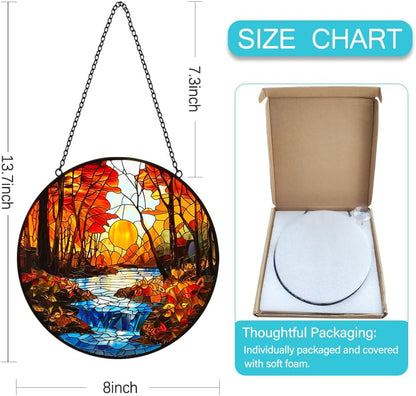 Fall Decor Sunset Suncatcher Stained Glass Window Hanging - Handmade Sun Catchers Indoor Window Decor with Tree and River - Stain Glass Christmas Decorations Panels - Birthday Gift for Women Men Mom