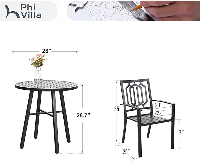 PHI VILLA Metal Outdoor Patio Bistro Set 3 Piece Dining Furniture - Black