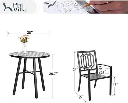 PHI VILLA Metal Outdoor Patio Bistro Set 3 Piece Dining Furniture - Black