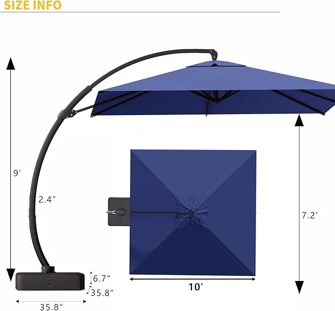 Kingdura 10x10 FT Cantilever Patio Umbrella with Base Included, Large Square Offset Outdoor Pool Umbrella, 360° Rotation & Infinite Tilt, Heavy Duty Aluminum Frame for Deck Backyard, Navy blue
