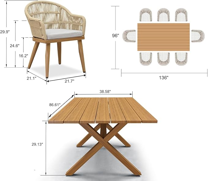 PURPLE LEAF 9 Pieces Patio Dining Set with Outdoor Aluminium Dining Table and Woven Chairs Modern Metal Furniture Cushions Sets for Garden Yard Indoor Decor Kitchen Teak