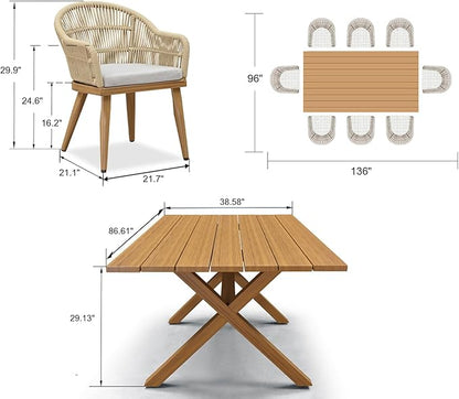 PURPLE LEAF 9 Pieces Patio Dining Set with Outdoor Aluminium Dining Table and Woven Chairs Modern Metal Furniture Cushions Sets for Garden Yard Indoor Decor Kitchen Teak