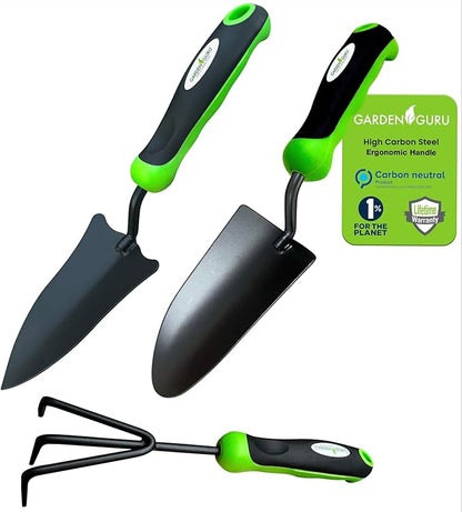 Garden Guru Garden Tool Set 3pc Hand Trowel Transplanter Cultivator – Heavy Duty Rust Resistant Carbon Steel - Ergonomic Comfort Grip Handle – Perfect Gardening Tool Kit Gifts for Women & Men